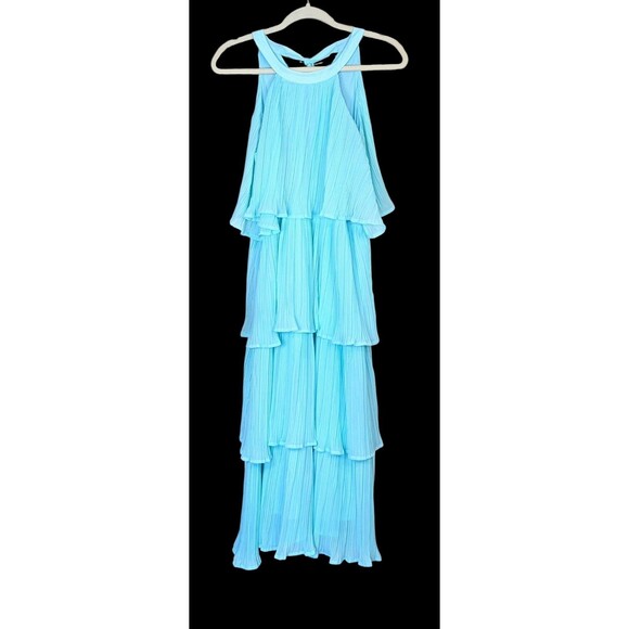 ZESICA Aqua Pleated Tiered Halter Midi Dress Women’s Size L Flowy Chiffon Ruffle - Picture 2 of 5